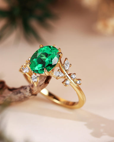 SWAN Nature Inspired Oval Cut Emerald Branch Leafy Engagement Ring