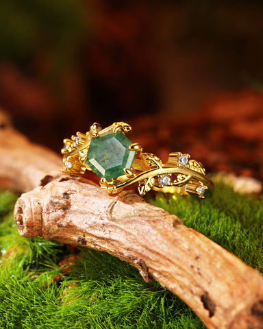 IVA Bypass Hexagon Cut Moss Agate Engagement Ring with Vine Leaf