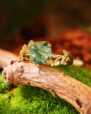 CHLORIS Round Cut Moss Agate Natural Inspired Leaf Engagement Ring