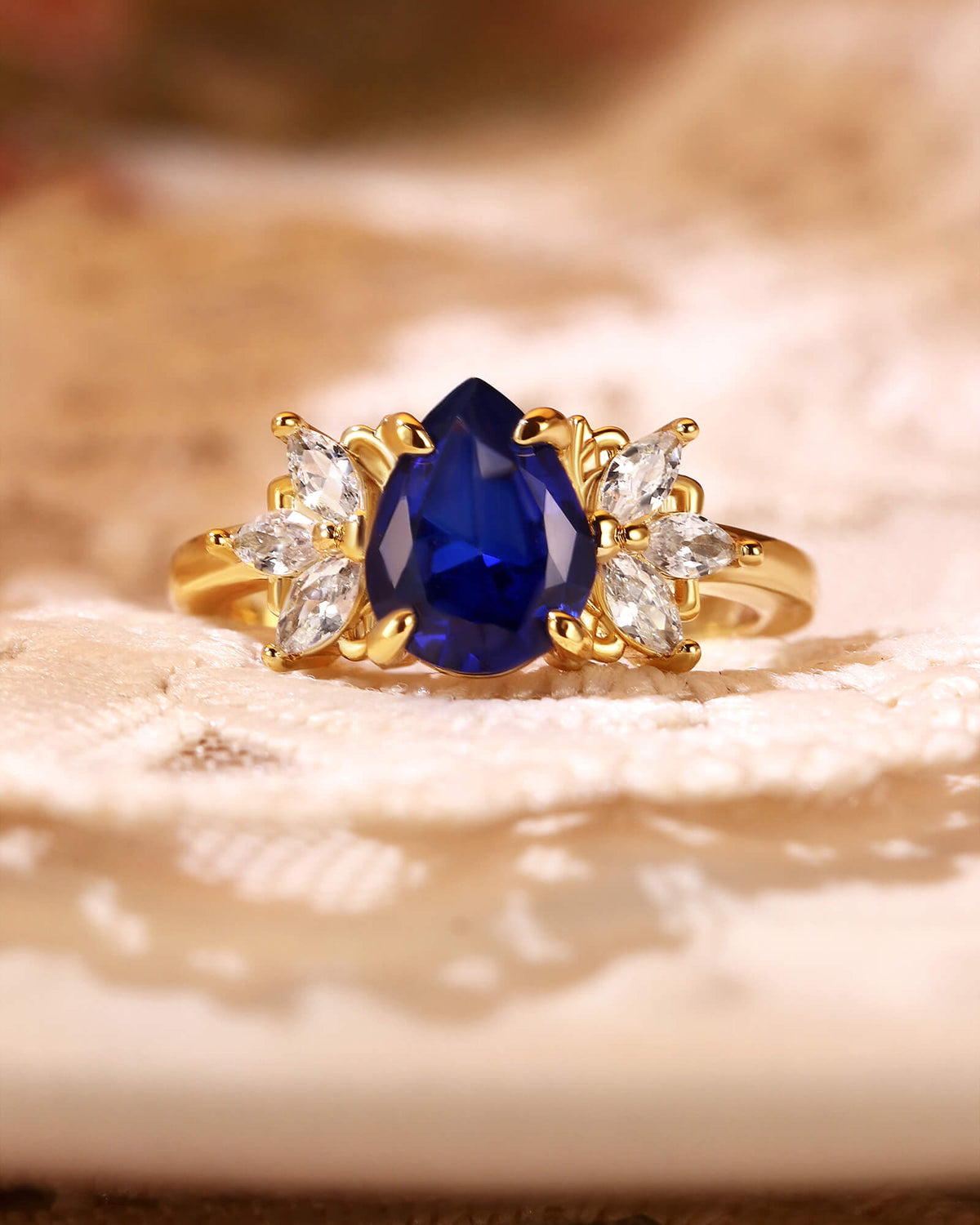 LOIS Pear Cut Sapphire Cluster Leaf Engagement Ring
