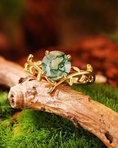 LORELEI Round Shaped Moss Agate Leaf Vine Engagement Ring