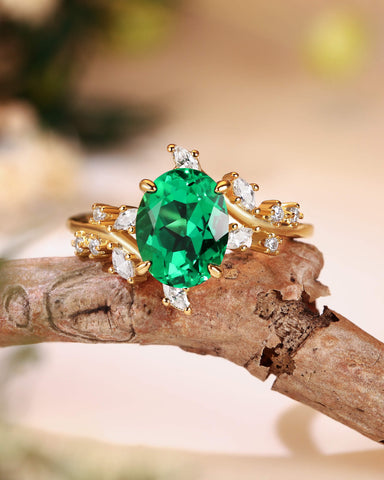 SWAN Nature Inspired Oval Cut Emerald Branch Leafy Engagement Ring