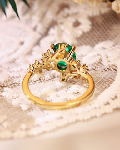 SWAN Nature Inspired Oval Cut Emerald Branch Leafy Engagement Ring