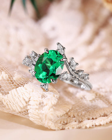 SWAN Nature Inspired Oval Cut Emerald Branch Leafy Engagement Ring