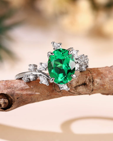 SWAN Nature Inspired Oval Cut Emerald Branch Leafy Engagement Ring