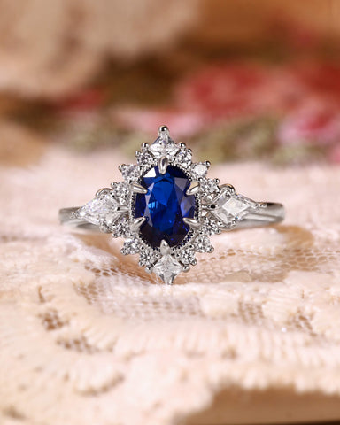 LAPIS Oval Cut Blue Sapphire Vintage Halo Engagement Ring