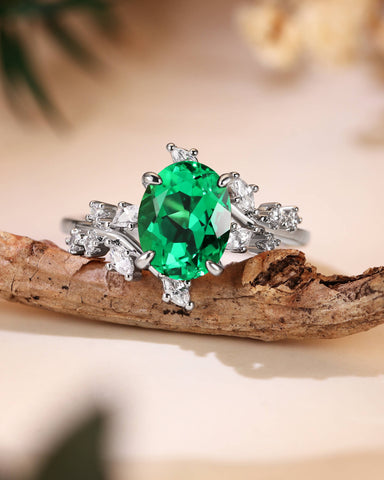 SWAN Nature Inspired Oval Cut Emerald Branch Leafy Engagement Ring