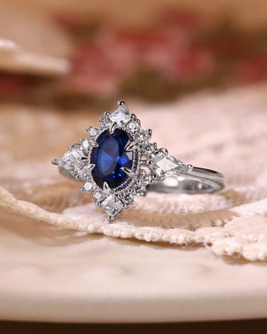 LAPIS Oval Cut Blue Sapphire Vintage Halo Engagement Ring