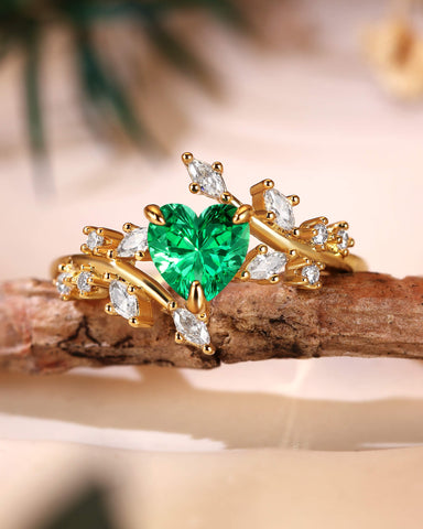 RAMONA Nature Inspired Heart Cut Emerald Branch Leafy Engagement Ring