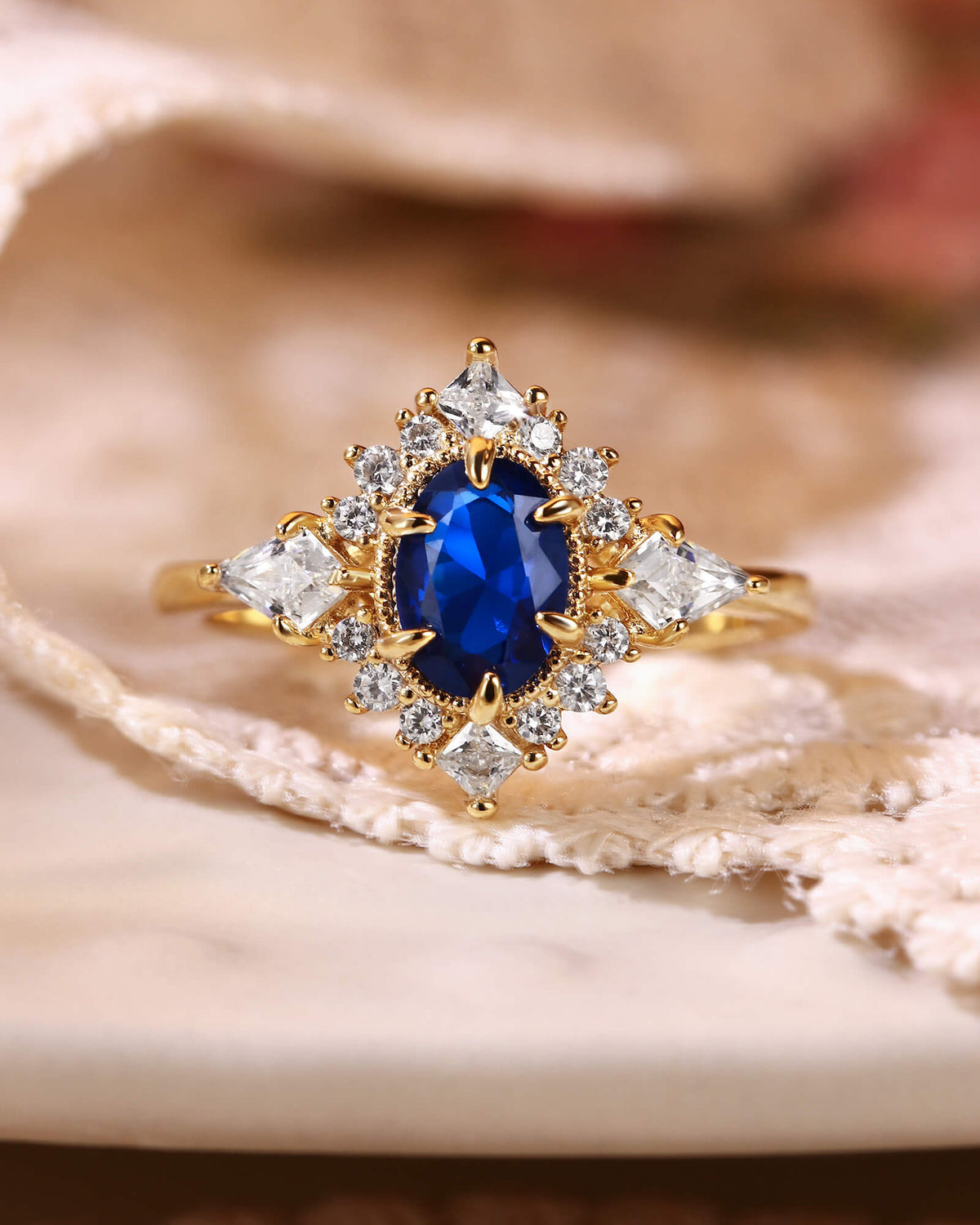 LAPIS Oval Cut Blue Sapphire Vintage Halo Engagement Ring
