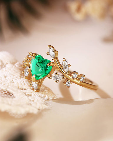 RAMONA Nature Inspired Heart Cut Emerald Branch Leafy Engagement Ring