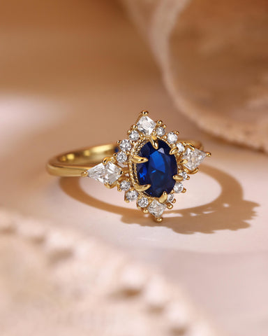 LAPIS Oval Cut Blue Sapphire Vintage Halo Engagement Ring