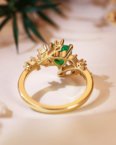 RAMONA Nature Inspired Heart Cut Emerald Branch Leafy Engagement Ring
