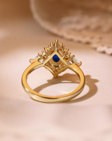 LAPIS Oval Cut Blue Sapphire Vintage Halo Engagement Ring