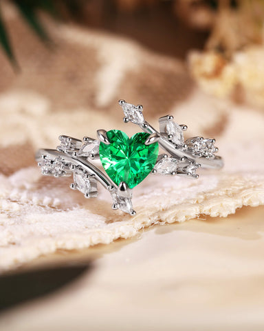 RAMONA Nature Inspired Heart Cut Emerald Branch Leafy Engagement Ring