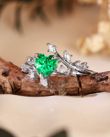 RAMONA Nature Inspired Heart Cut Emerald Branch Leafy Engagement Ring