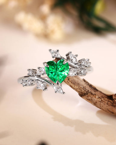 RAMONA Nature Inspired Heart Cut Emerald Branch Leafy Engagement Ring