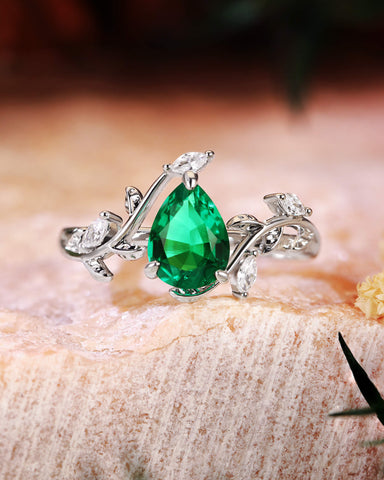 DALE Leafy Pear Cut Emerald Nature Inspired Engagement Ring