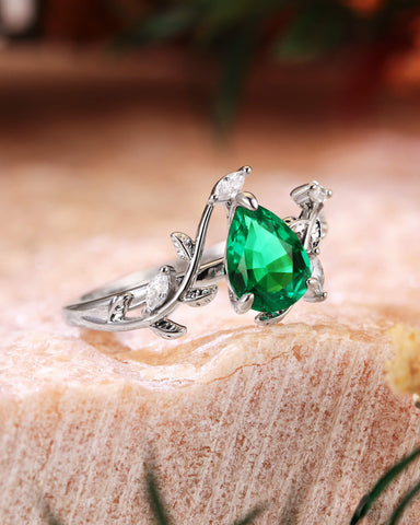 DALE Leafy Pear Cut Emerald Nature Inspired Engagement Ring