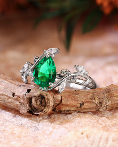 DALE Leafy Pear Cut Emerald Nature Inspired Engagement Ring