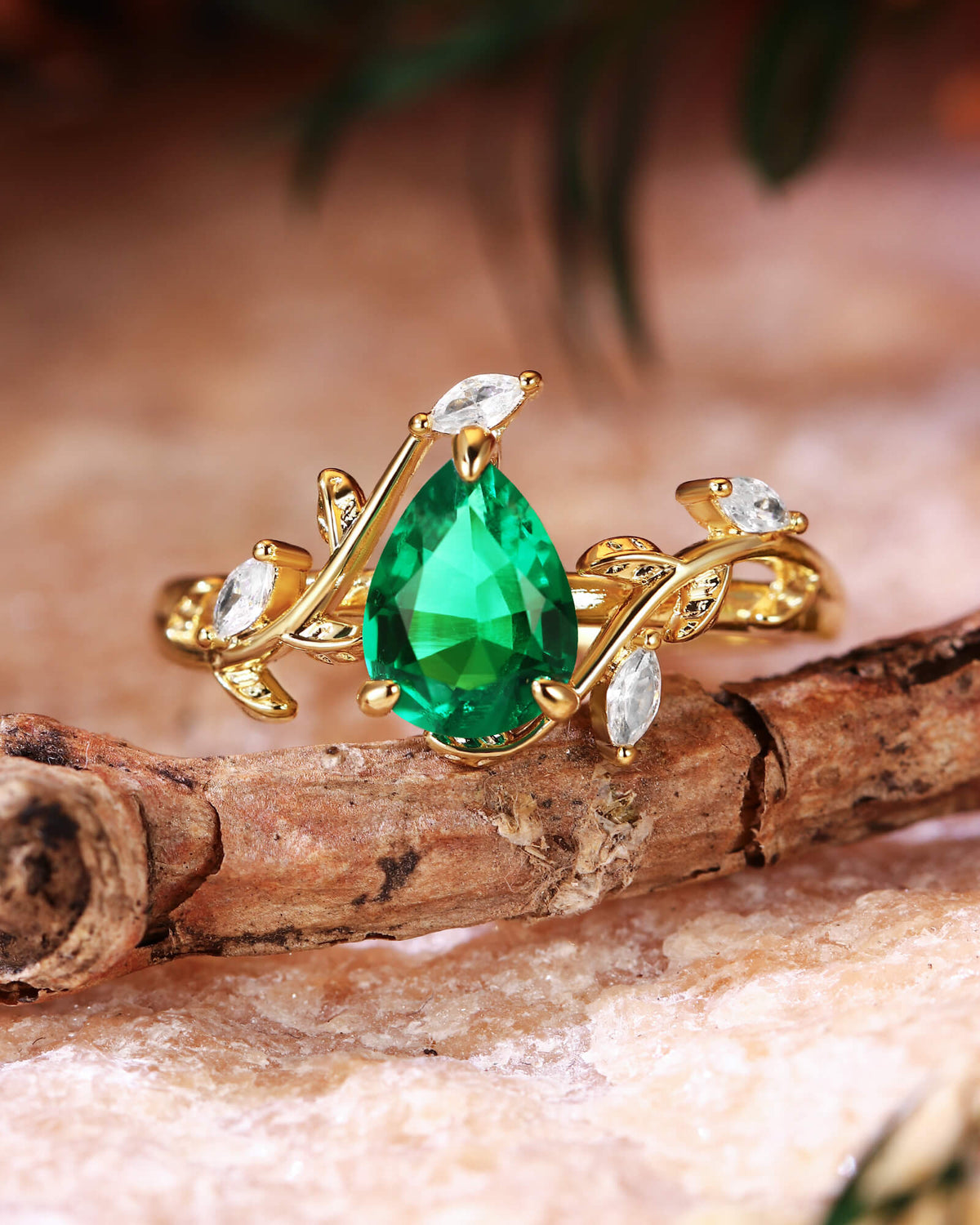 DALE Leafy Pear Cut Emerald Nature Inspired Engagement Ring