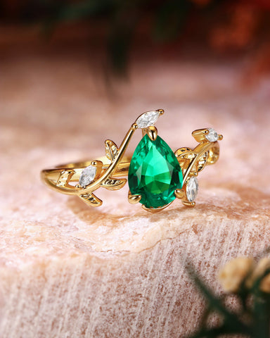 DALE Leafy Pear Cut Emerald Nature Inspired Engagement Ring