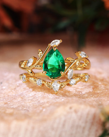 DALE Nature Inspired Pear Cut Emerald Leafy Engagement Ring Set 2pcs