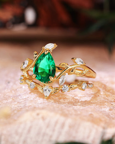 DALE Nature Inspired Pear Cut Emerald Leafy Engagement Ring Set 2pcs