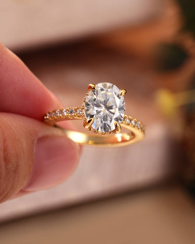 ELENA Hidden Halo Oval Cut Moissanite Diamond Pave Engagement ring
