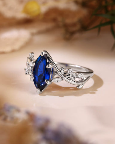 ZARA Nature Inspired Marquise Cut Blue Sapphire Leafy Twist Engagement Ring