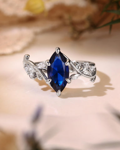 ZARA Nature Inspired Marquise Cut Blue Sapphire Leafy Twist Engagement Ring