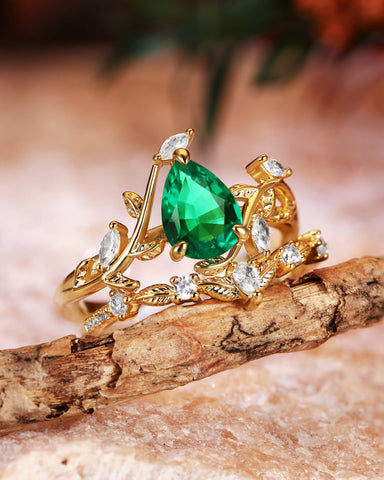 DALE Nature Inspired Pear Cut Emerald Leafy Engagement Ring Set 2pcs