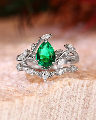 DALE Nature Inspired Pear Cut Emerald Leafy Engagement Ring Set 2pcs
