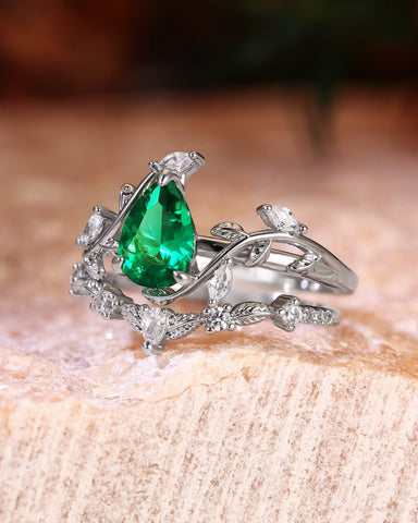 DALE Nature Inspired Pear Cut Emerald Leafy Engagement Ring Set 2pcs