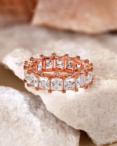 LUMI Princess Cut Full Eternity Moissanite Wedding Engagement Ring Band Ring With Hidden Halo