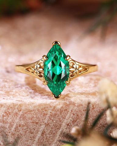 WYNN Vintage Floral Design Marquise Emerald Engagement Ring