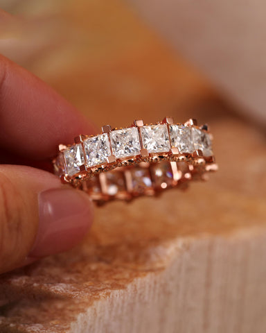 LUMI Princess Cut Full Eternity Moissanite Wedding Engagement Ring Band Ring With Hidden Halo