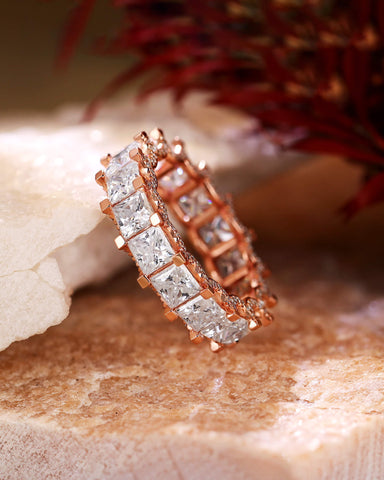 LUMI Princess Cut Full Eternity Moissanite Wedding Engagement Ring Band Ring With Hidden Halo