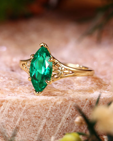 WYNN Vintage Floral Design Marquise Emerald Engagement Ring