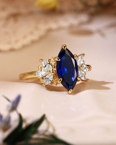 BERNICE Marquise Cut Blue Sapphire Cluster Engagement Ring