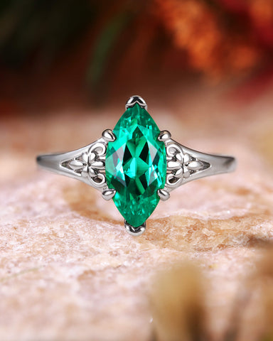 WYNN Vintage Floral Design Marquise Emerald Engagement Ring