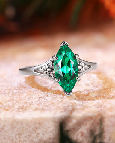 WYNN Vintage Floral Design Marquise Emerald Engagement Ring
