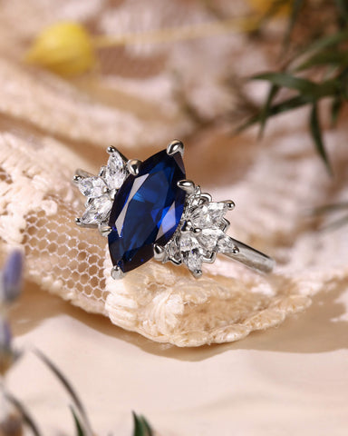BERNICE Marquise Cut Blue Sapphire Cluster Engagement Ring