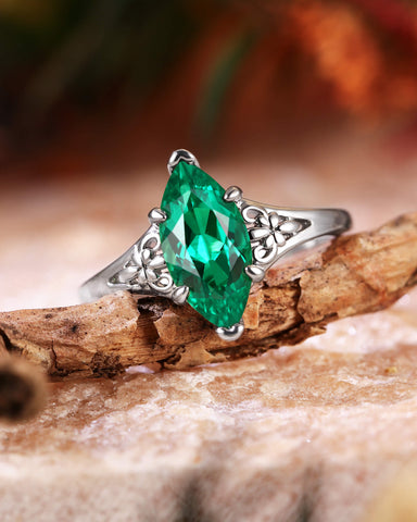 WYNN Vintage Floral Design Marquise Emerald Engagement Ring