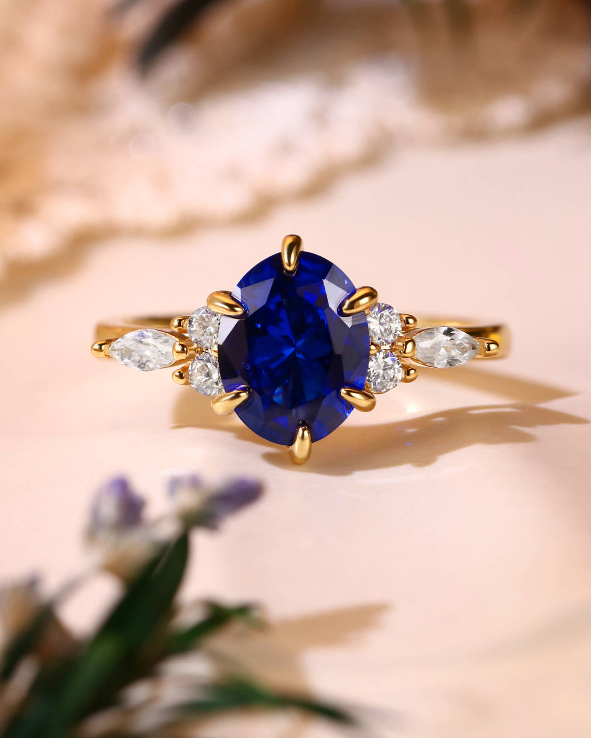 JORA Side Stone Cluster Oval Cut Sapphire Engagement Ring