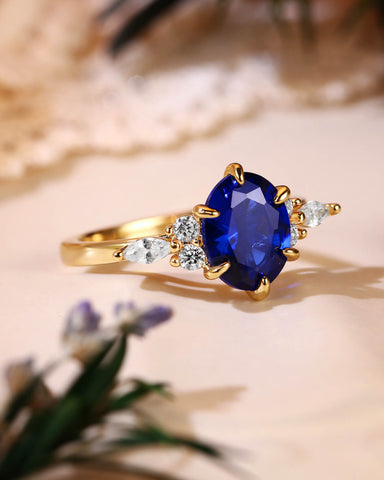 JORA Side Stone Cluster Oval Cut Sapphire Engagement Ring
