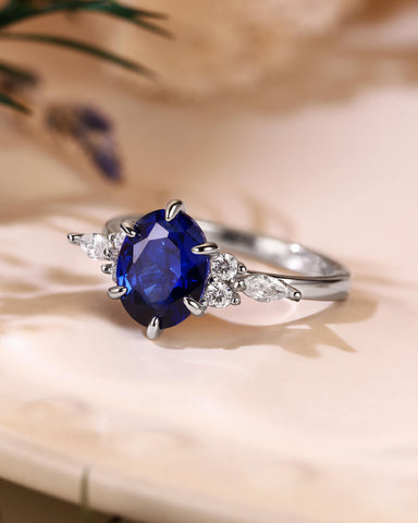 JORA Side Stone Cluster Oval Cut Sapphire Engagement Ring