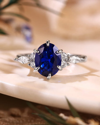 JORA Side Stone Cluster Oval Cut Sapphire Engagement Ring
