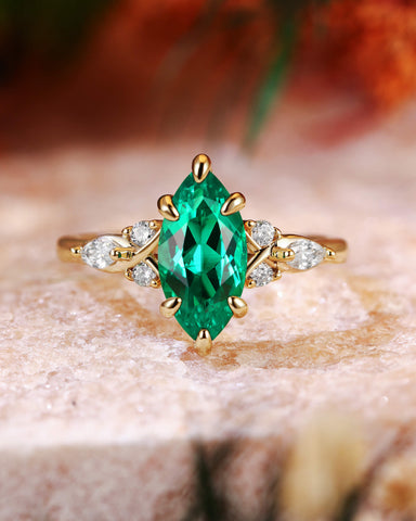 TWILA Vintage Marquise Cut Green Emerald Twist Cluster Engagement Ring