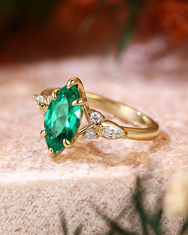 TWILA Vintage Marquise Cut Green Emerald Twist Cluster Engagement Ring